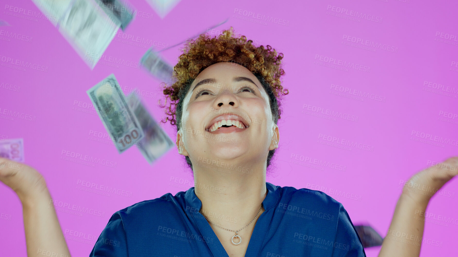 Buy stock photo Woman, winner and money rain and success, bonus or winning of lottery prize, profit or cashback in studio. Happy african person with cash in air, financial freedom and celebration a pink background