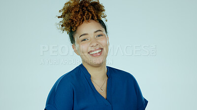 Buy stock photo Happy, business and portrait of woman on blue background with smile, arms crossed and confidence. Happiness, professional worker and isolated face of person with pride, ambition and career in studio