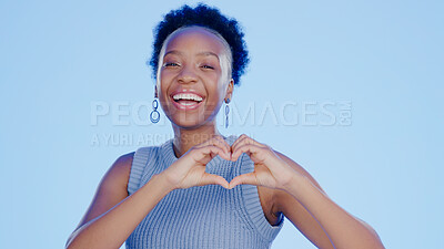 Buy stock photo Face, heart hands and black woman with support, feedback and wellness on a blue background. Portrait, African person and model with symbol for love, respect and care with review, feedback and hope
