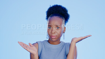 Buy stock photo Black woman, confused and hands out isolated with questions and asking why on blue background with mockup. Confusion, doubt and person from South Africa with problem hand gesture in studio portrait.