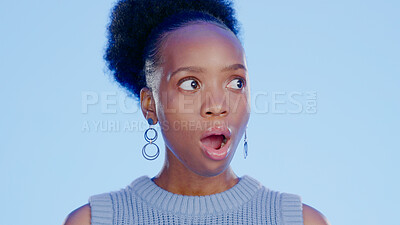 Buy stock photo Black woman, open mouth with shock or surprise, drama or secret news with gossip isolated on blue background. Wow reaction to information, expression of alarm and alert with announcement in studio 