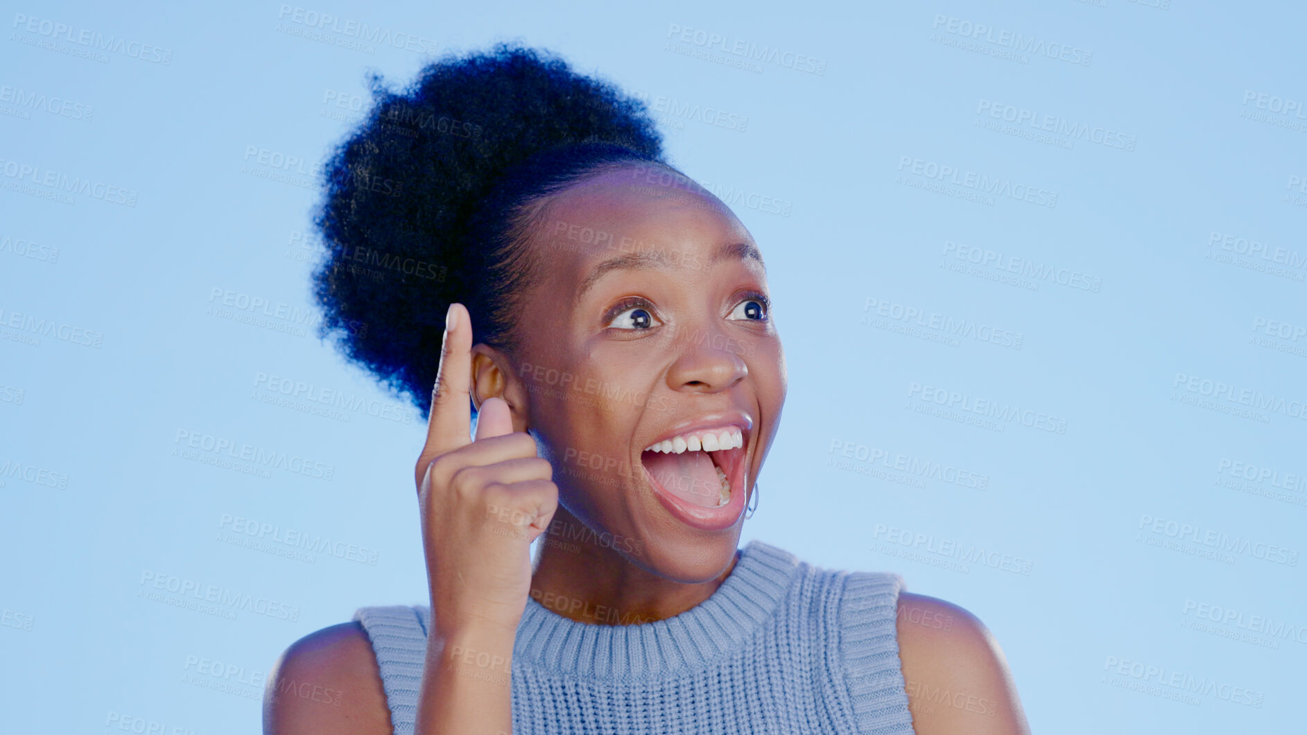 Buy stock photo Idea, wow and eureka with an excited black woman on a blue background in studio for reaction to news. Deal, bonus or announcement with a surprised young person thinking about a question and solution