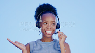 Buy stock photo Woman thinking, call center and communication questions in studio for customer service, telemarketing or sales pitch. African consultant, agent or worker ideas, offer or solution on a blue background