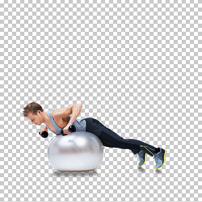 Buy stock photo Man, exercise ball and balance for strong muscle and healthy training with fitness. Male person, pilates, athlete body weightlifting with gym equipment isolated on a transparent, png background