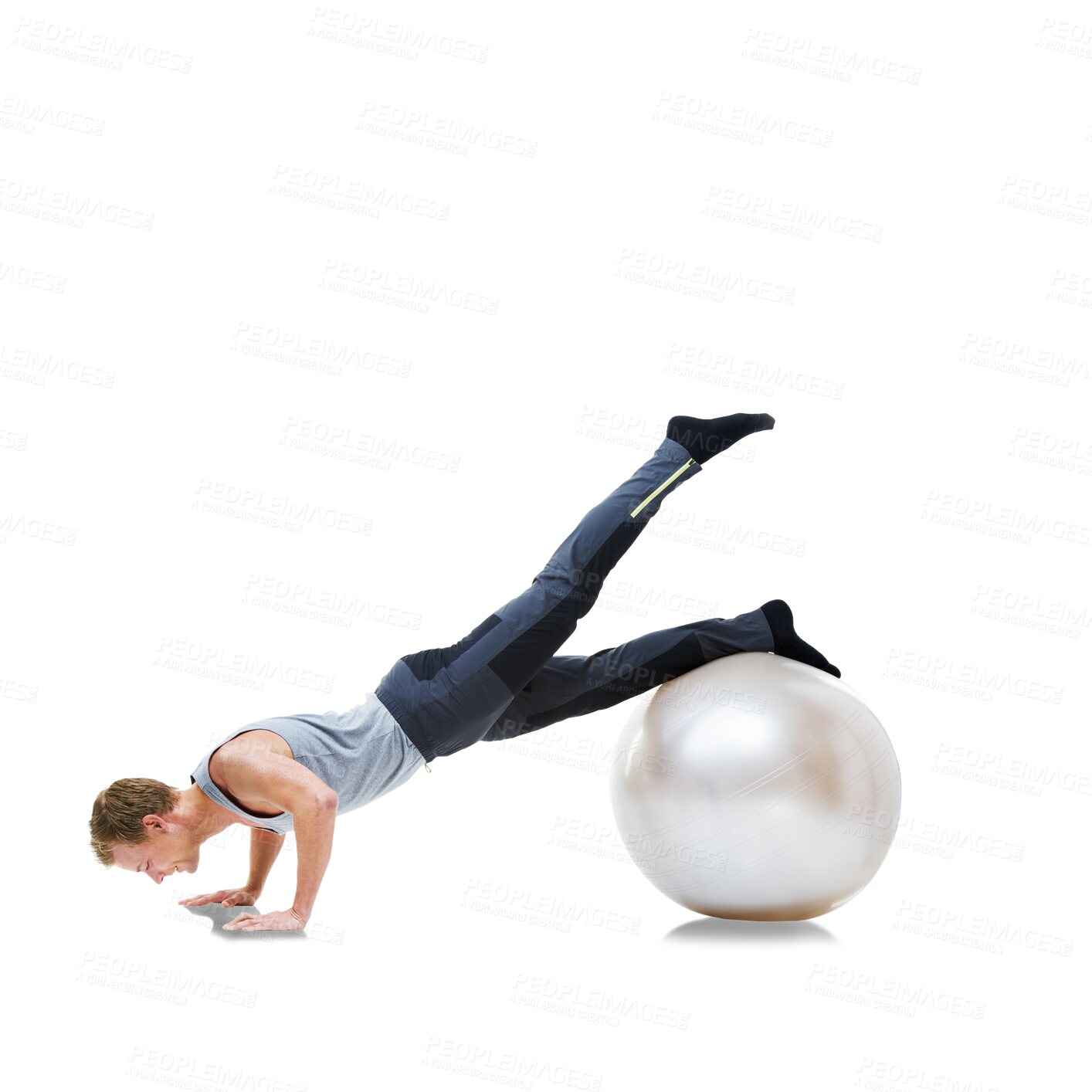 Buy stock photo Man, exercise ball and arm workout with push ups and fitness training with balance. Male person, health equipment and isolated on a transparent, png background with strong muscle and wellness