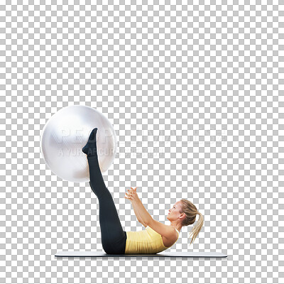 Buy stock photo Isolated woman, exercise ball and legs in air for fitness workout, health and transparent png background. Girl, model or personal trainer on yoga mat with balance, training or pilates for strong body