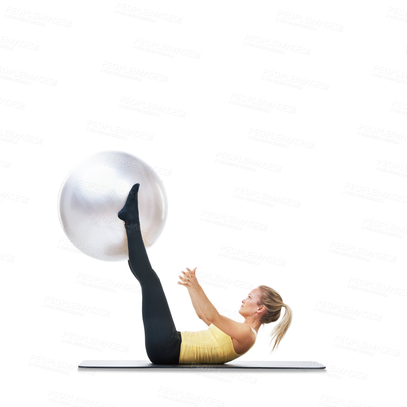 Buy stock photo Isolated woman, exercise ball and legs in air for fitness workout, health and transparent png background. Girl, model or personal trainer on yoga mat with balance, training or pilates for strong body