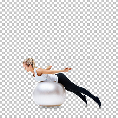 Buy stock photo Fitness, balance and woman on exercise ball, body training and isolated on transparent png background. Pilates, workout and girl stretching for health, wellness and sports motivation with commitment.