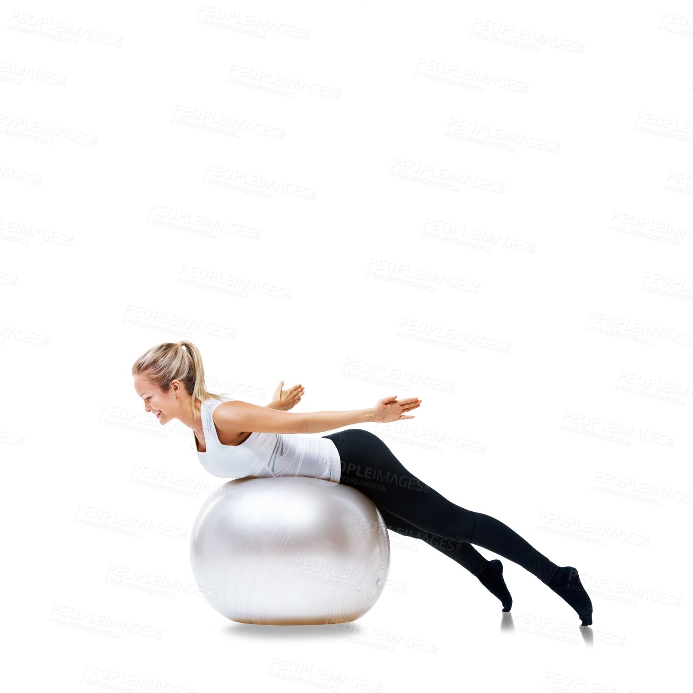 Buy stock photo Fitness, balance and woman on exercise ball, body training and isolated on transparent png background. Pilates, workout and girl stretching for health, wellness and sports motivation with commitment.