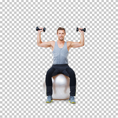 Buy stock photo Man, exercise ball and dumbbell workout for strong muscle and healthy training with fitness. Male person, pilates, athlete body weightlifting with equipment isolated on transparent, png background