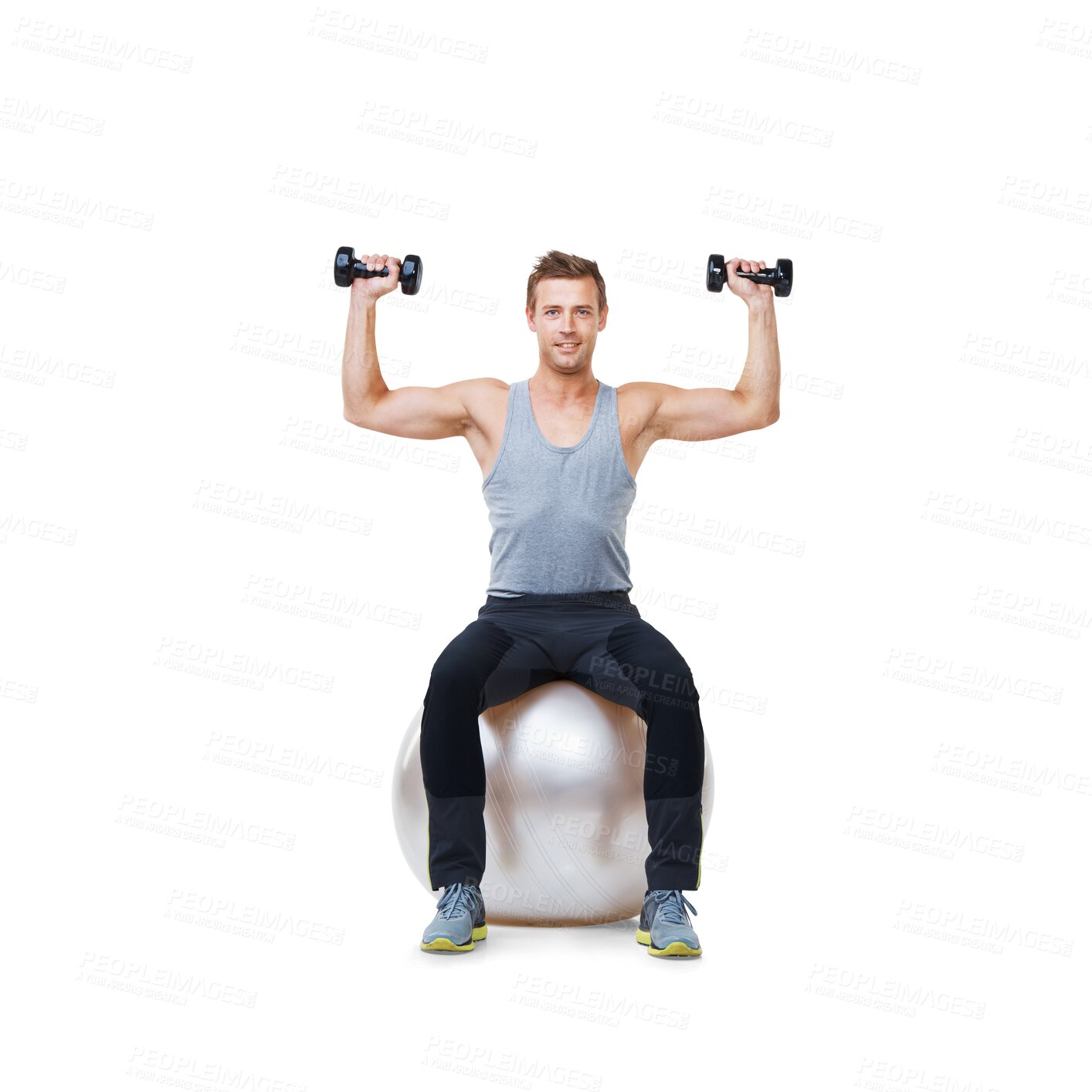 Buy stock photo Man, exercise ball and dumbbell workout for strong muscle and healthy training with fitness. Male person, pilates, athlete body weightlifting with equipment isolated on transparent, png background