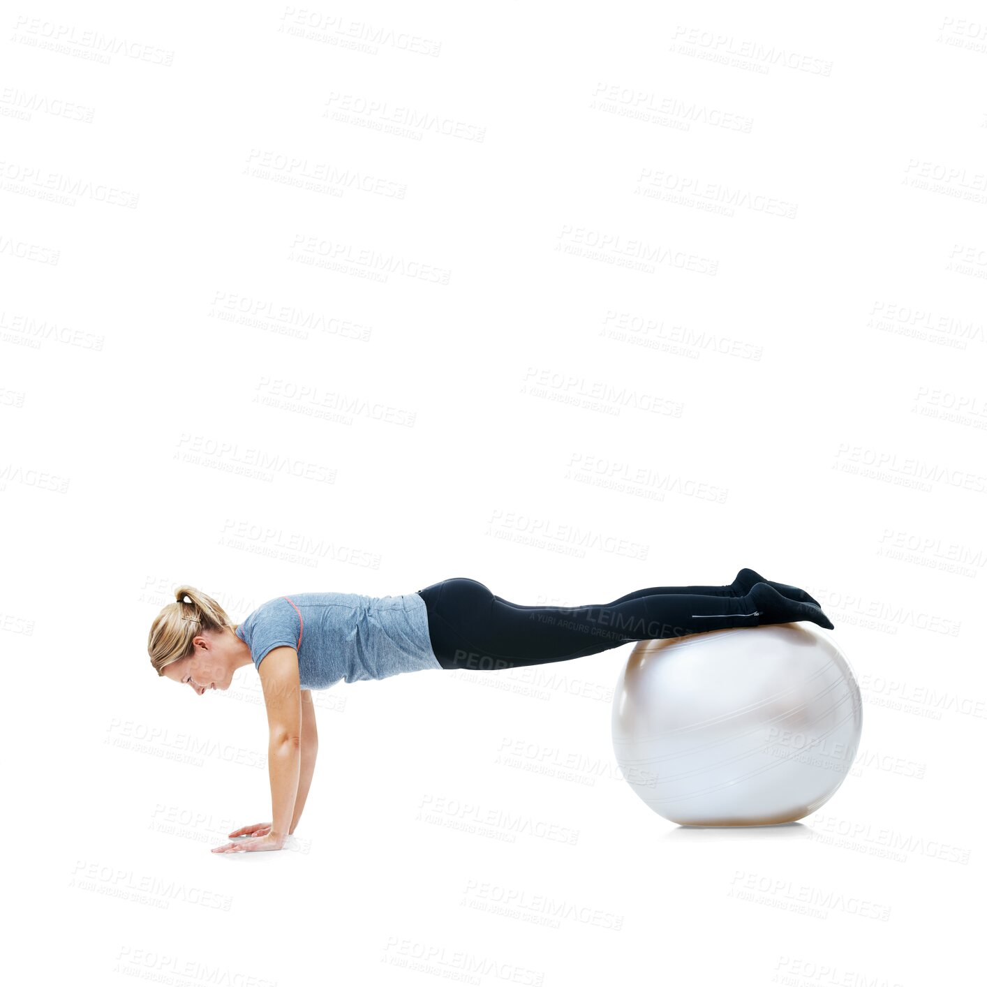 Buy stock photo Fitness, pushup and woman on balance ball, body training and isolated on transparent png background. Pilates, workout and girl stretching for health, wellness and sports motivation with commitment.