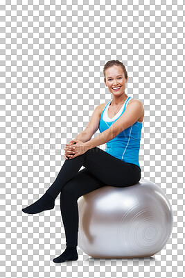 Buy stock photo Fitness, portrait and happy woman on balance ball for body training isolated on transparent png background. Pilates, workout and girl resting for health, wellness and sports motivation with smile.