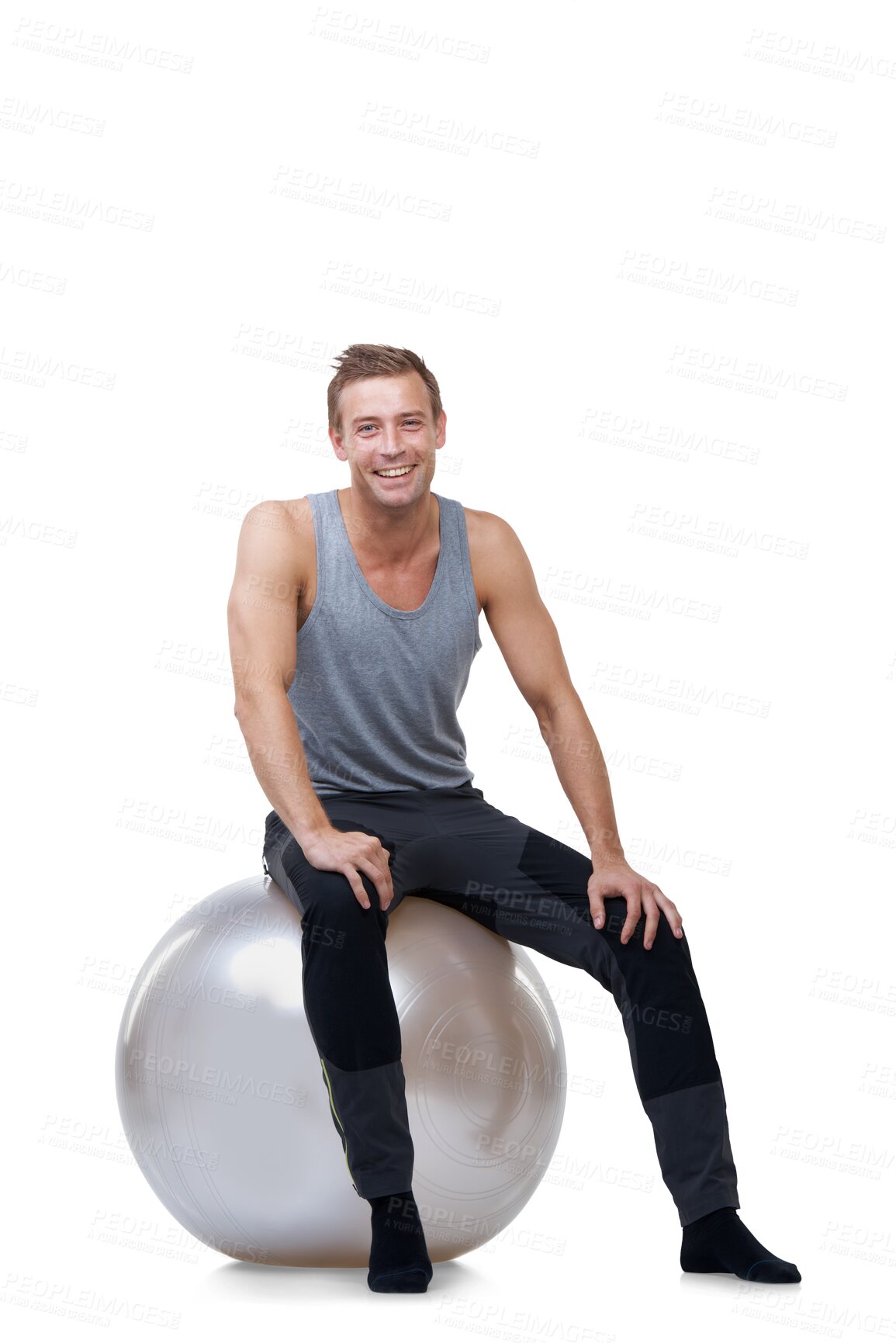 Buy stock photo Fitness, portrait and happy man on exercise ball, body training and isolated on transparent png background. Pilates gym, workout and male model for health, wellness and sports motivation with smile.