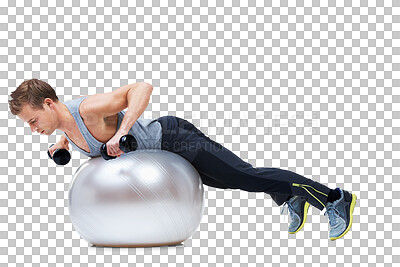 Buy stock photo Man, pilates exercise ball and balance for strong muscle and healthy sport with fitness. Male person, training and athlete weightlifting with gym equipment isolated on a transparent, png background