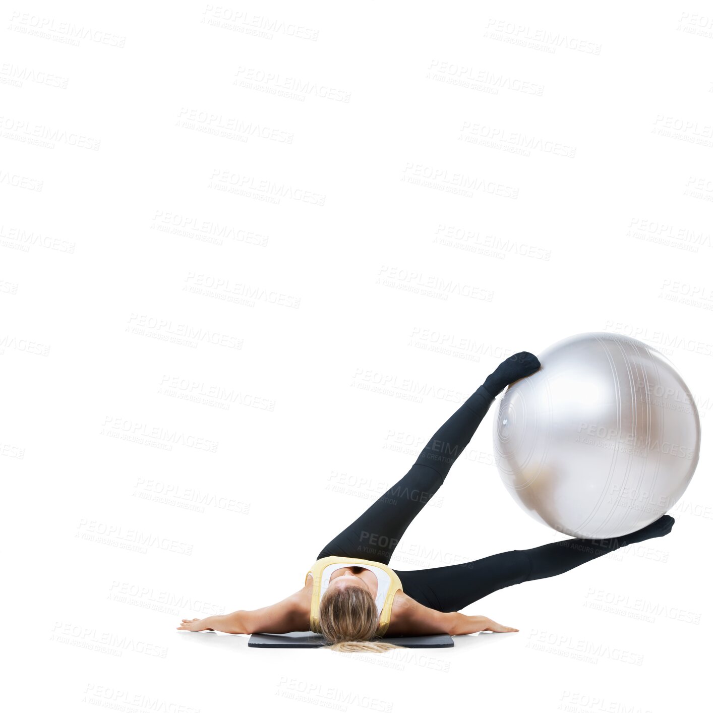 Buy stock photo Woman, exercise ball and leg fitness with core strength and training with body stretching. Young female person, wellness and isolated on a transparent, png background with health workout and balance