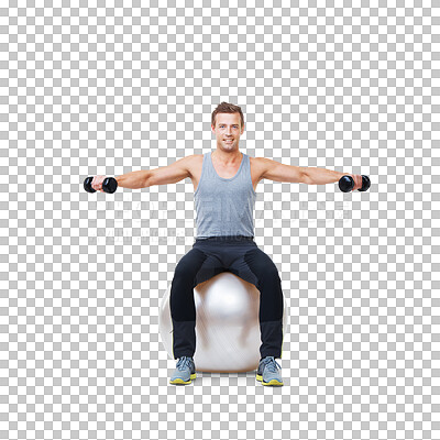 Buy stock photo Man portrait, pilates ball and balance for strong muscle and healthy training with fitness. Male person, athlete body weightlifting with arm workout or exercise isolated on transparent png background