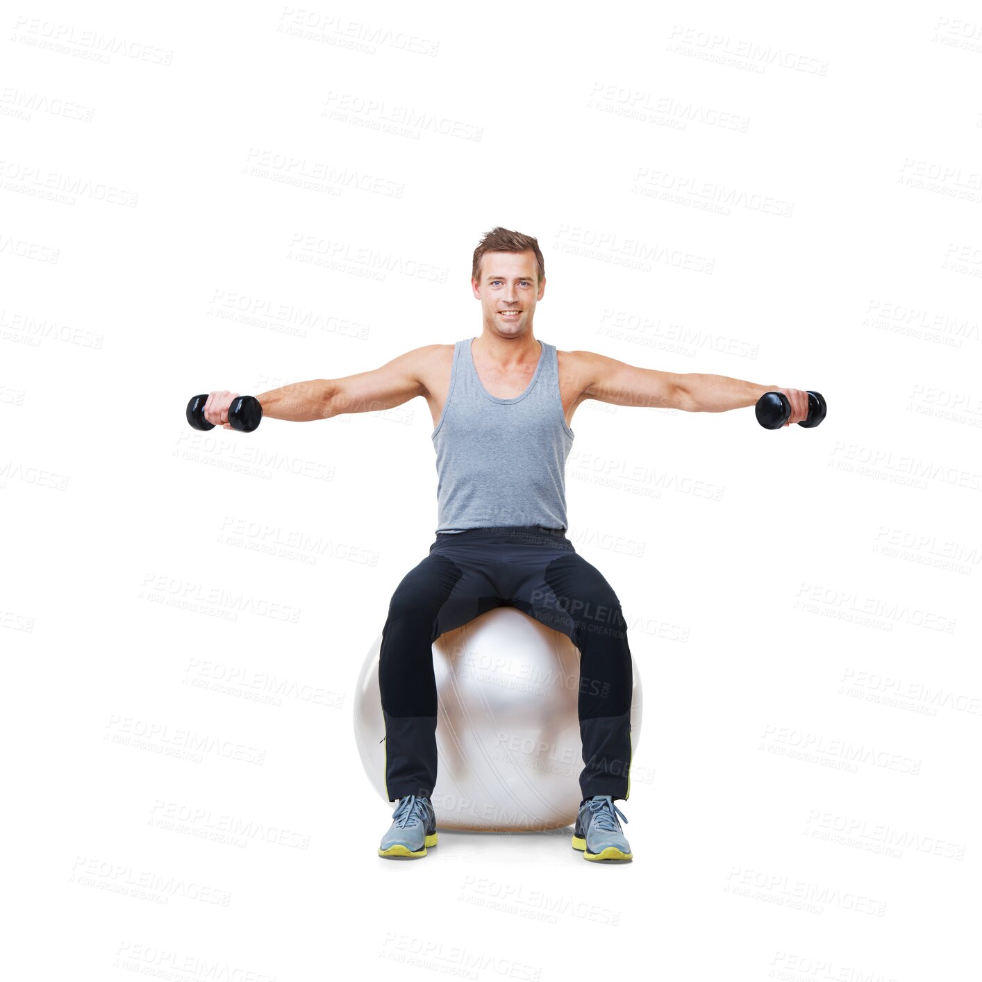 Buy stock photo Man portrait, pilates ball and balance for strong muscle and healthy training with fitness. Male person, athlete body weightlifting with arm workout or exercise isolated on transparent png background