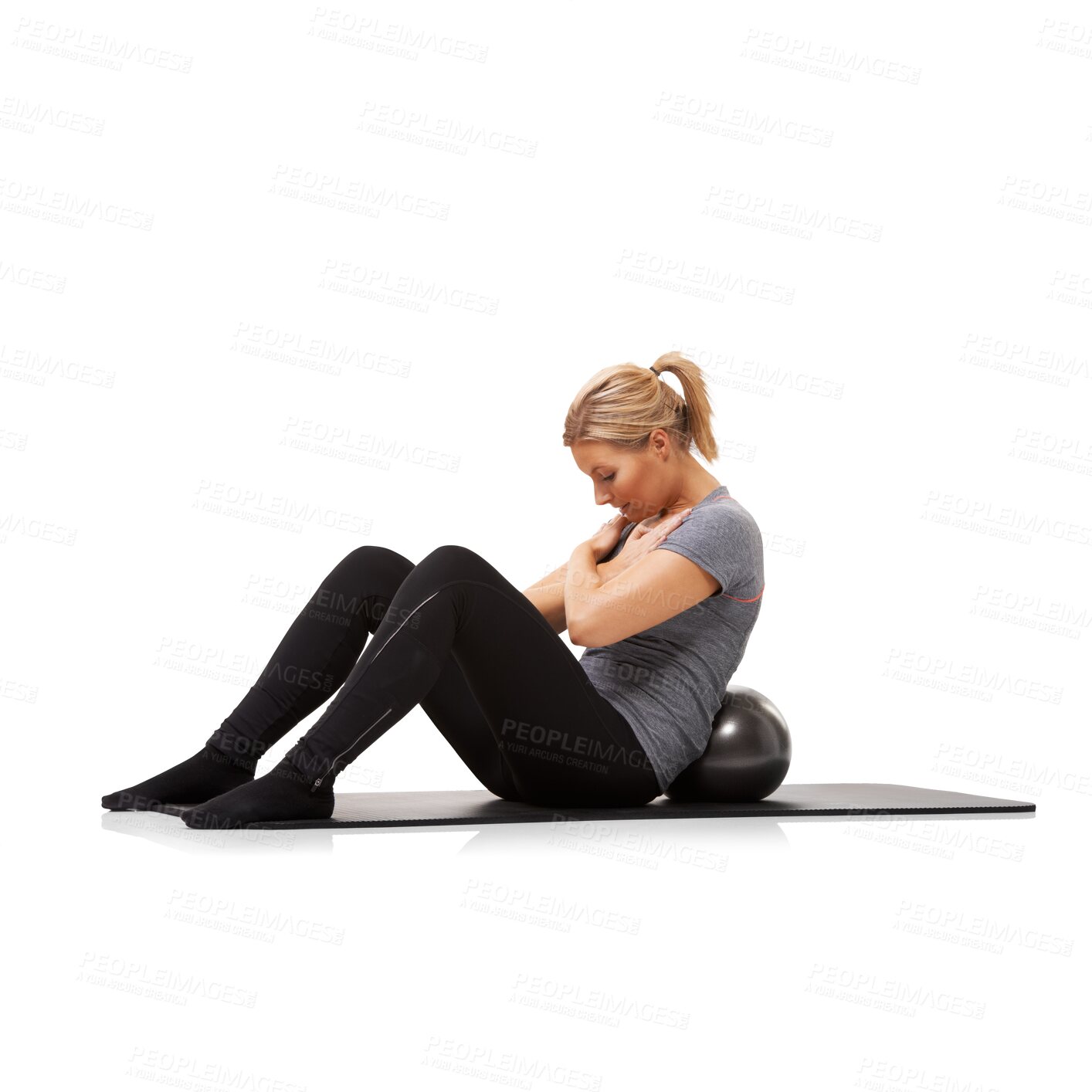 Buy stock photo Sit up, fitness and woman with medicine ball on floor against isolated, transparent and png background. Core, training and lady person with weights for workout, exercise and resilience challenge