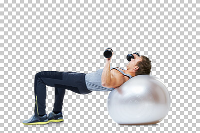 Buy stock photo Fitness, weights and man on sports ball on isolated, png and transparent background for weightlifting. Strong body, dumbbells and male person with equipment for exercise, training or balance workout