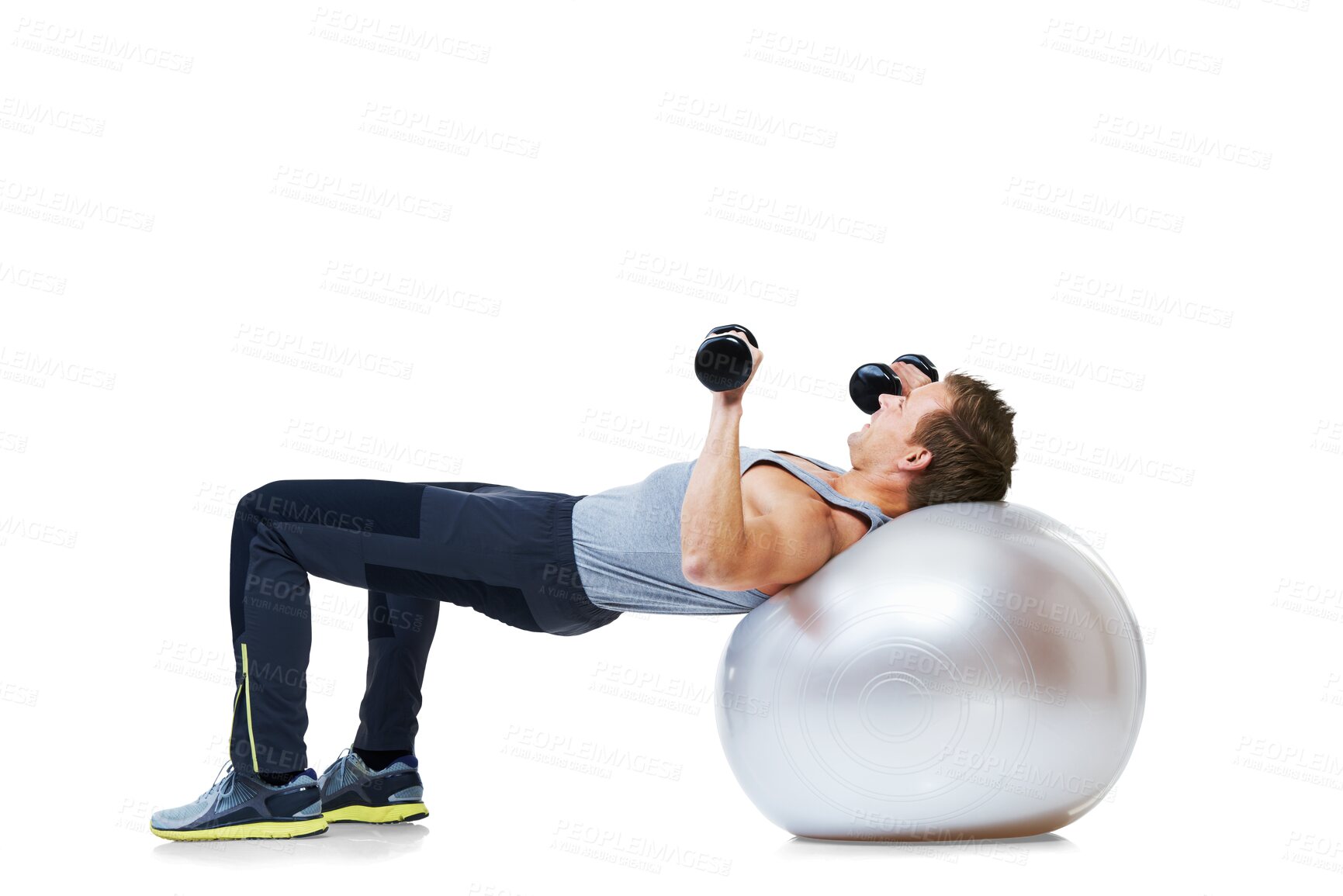 Buy stock photo Fitness, weights and man on sports ball on isolated, png and transparent background for weightlifting. Strong body, dumbbells and male person with equipment for exercise, training or balance workout