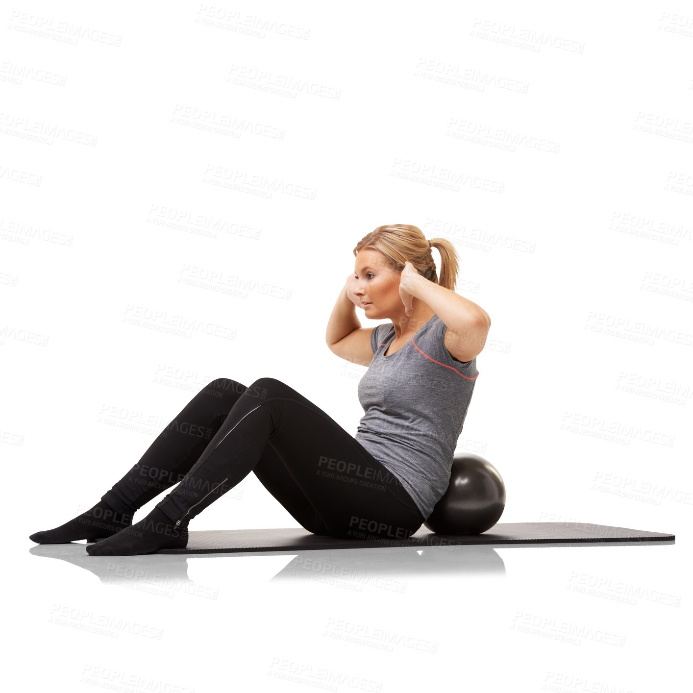 Buy stock photo Woman, pilates exercise and gym ball with sit ups, workout and training on gym and yoga mat for health. Female person, fitness and core strength isolated on a transparent, png background for wellness