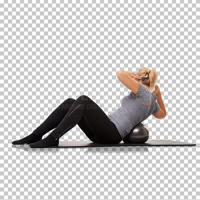 Buy stock photo Woman, pilates exercise and gym ball with sit ups, workout and training on yoga mat for health. Female person back, fitness and core strength isolated on a transparent, png background for wellness