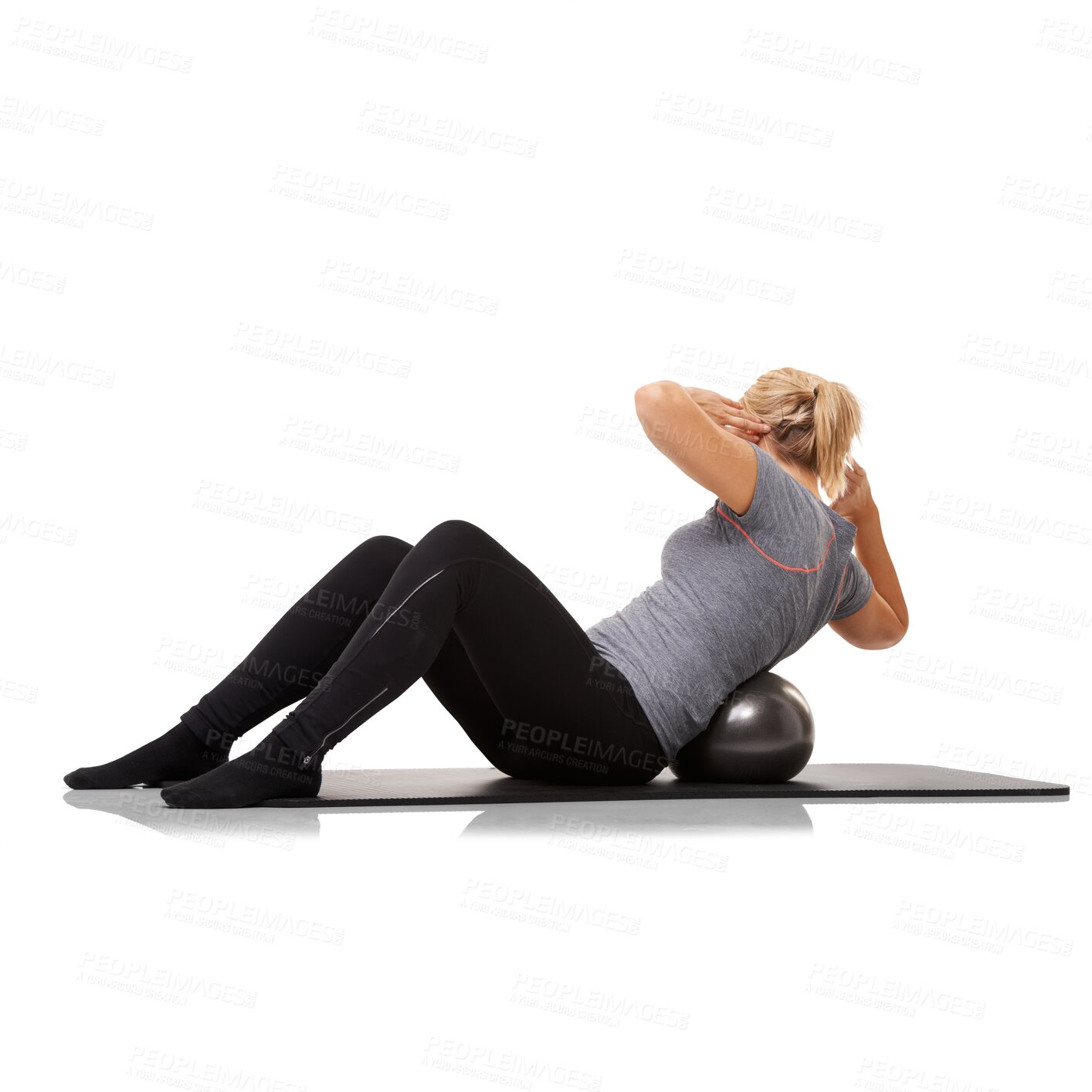 Buy stock photo Woman, pilates exercise and gym ball with sit ups, workout and training on yoga mat for health. Female person back, fitness and core strength isolated on a transparent, png background for wellness