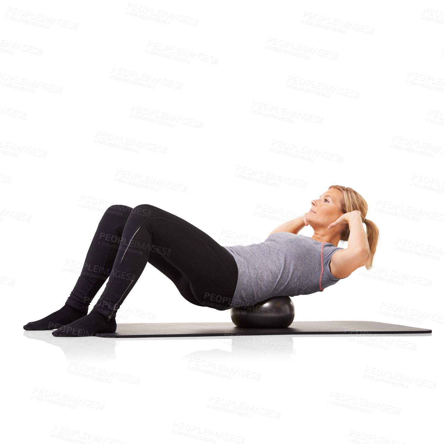 Buy stock photo Woman, pilates exercise and sport ball with sit ups, workout and training on gym yoga mat for health. Female person, fitness and core strength isolated on a transparent, png background for wellness