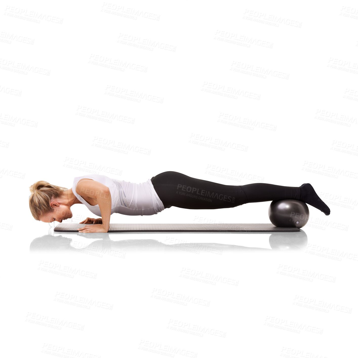 Buy stock photo Woman, pushup plank and exercise ball with arm and strong muscle training for wellness. Female person, profile and yoga mat isolated on a transparent, png background with athlete health and fitness