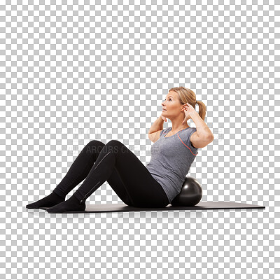 Buy stock photo Sit up, exercise and woman with medicine ball on floor against isolated, transparent and png background. Crunches, training and lady person with weight for workout, fitness and resilience challenge