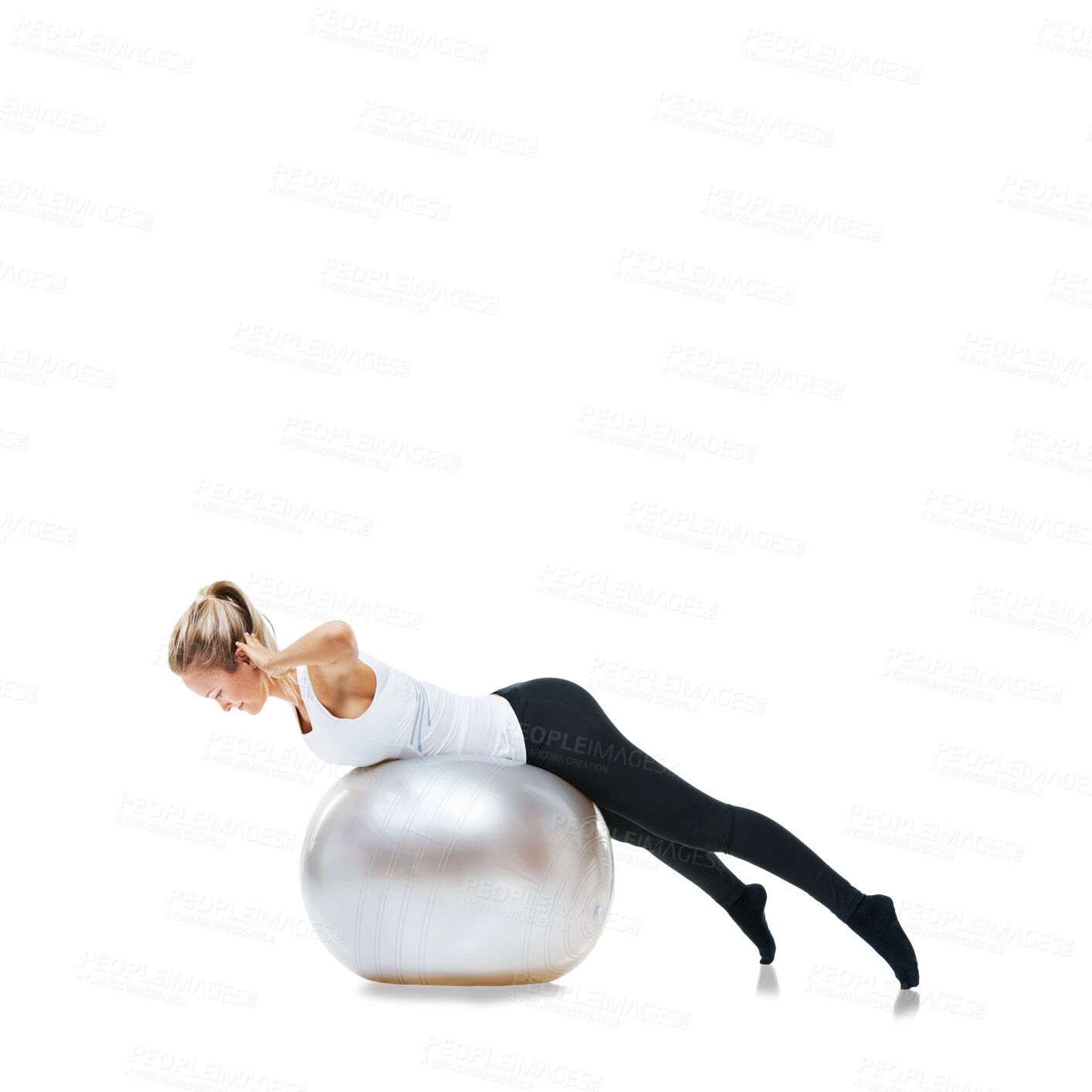 Buy stock photo Fitness, balance and woman stretching on ball, body training and isolated on transparent png background. Pilates, workout and girl athlete for health, wellness and sports motivation with commitment.