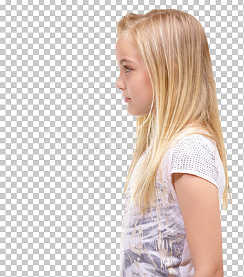 Buy stock photo Thinking, serious and profile of a girl child on isolated, transparent and png background. Children, focus and young female kid think of idea or memory with stern personality, trendy or casual style 