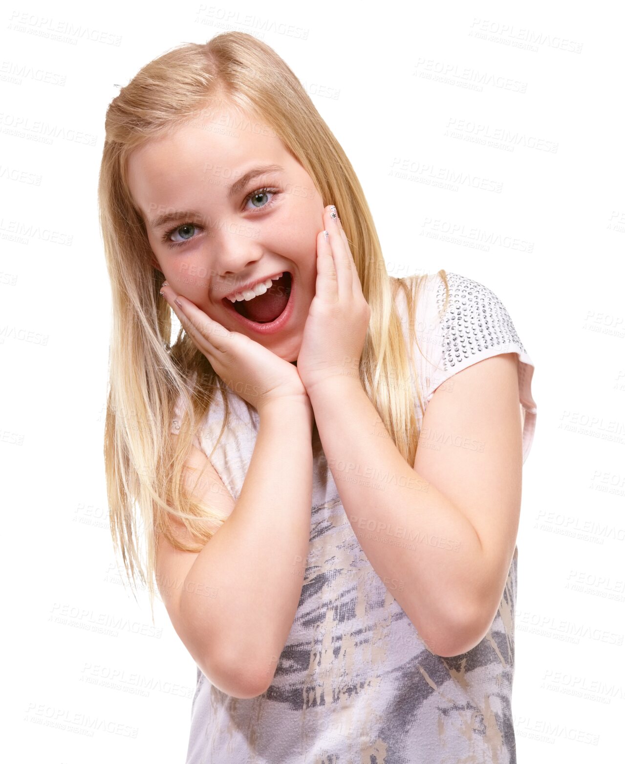 Buy stock photo Wow, portrait and girl child shocked by news on isolated, transparent and png background. Omg, face and female kid surprised by announcement, deal and sales promotion, discount or notification alert