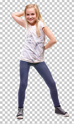 Buy stock photo Dancing, happy and portrait of a girl child on isolated, transparent and png background. Children, energy and young female kid or teenager dance for fun celebration, trendy or casual fashion 