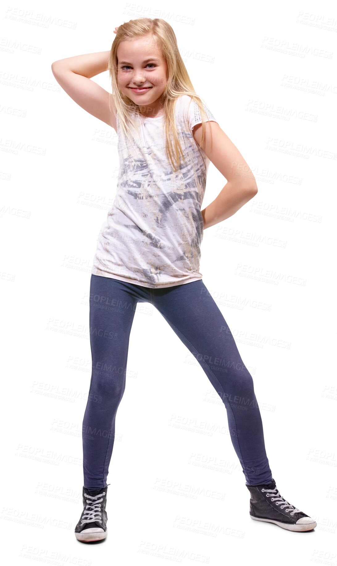 Buy stock photo Dancing, happy and portrait of a girl child on isolated, transparent and png background. Children, energy and young female kid or teenager dance for fun celebration, trendy or casual fashion 