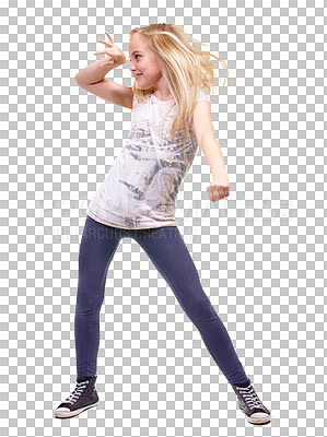 Buy stock photo Dancing, happy and a fun girl child on isolated, transparent and png background. Children, energy and young female kid or teenager dance for party celebration, trendy or casual fashion 