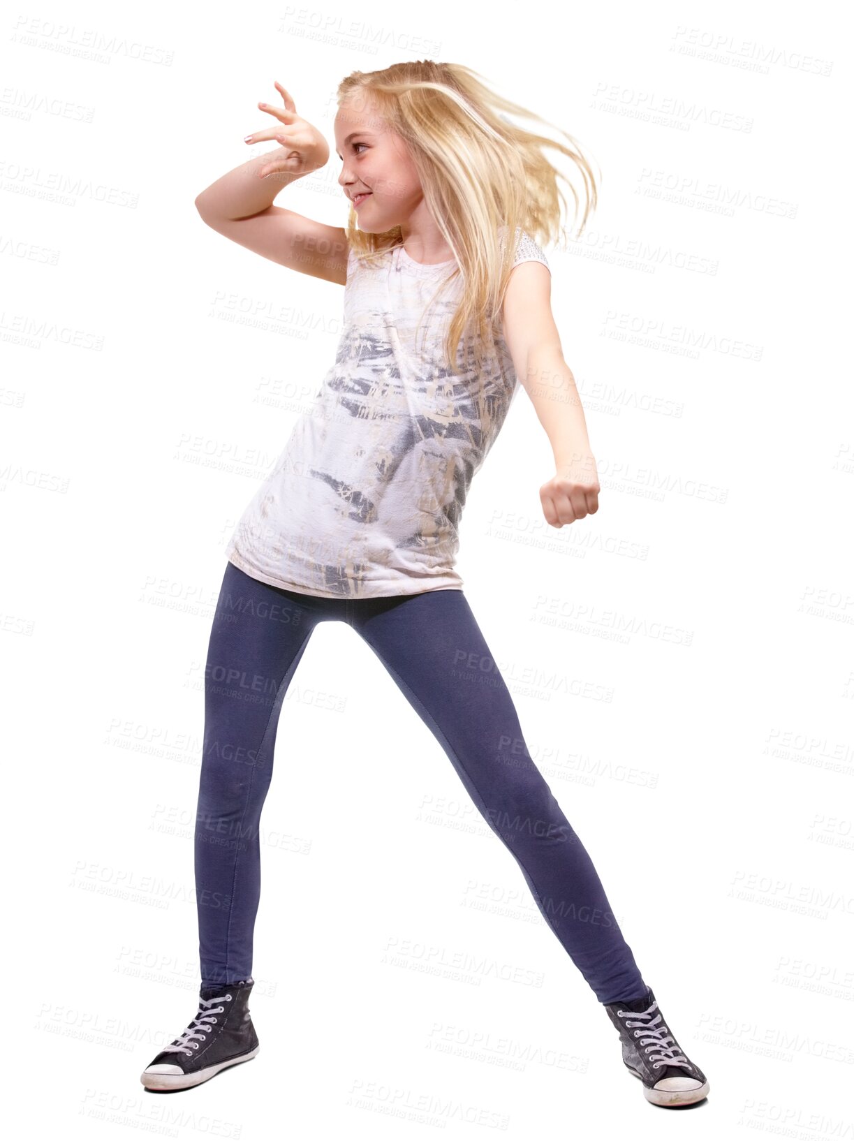 Buy stock photo Dancing, happy and a fun girl child on isolated, transparent and png background. Children, energy and young female kid or teenager dance for party celebration, trendy or casual fashion 