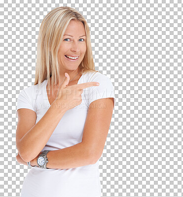 Buy stock photo Isolated woman, pointing and smile in portrait for promotion, direction and review by transparent png background. Happy lady, finger point and sign for selection, decision and icon with choice emoji