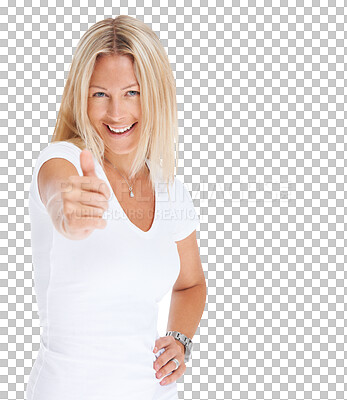 Buy stock photo Happy, thumbs up and smile portrait of a woman isolated on transparent png, background. Support, thank you and female person with hand sign or like emoji for yes, agreement or good review or feedback