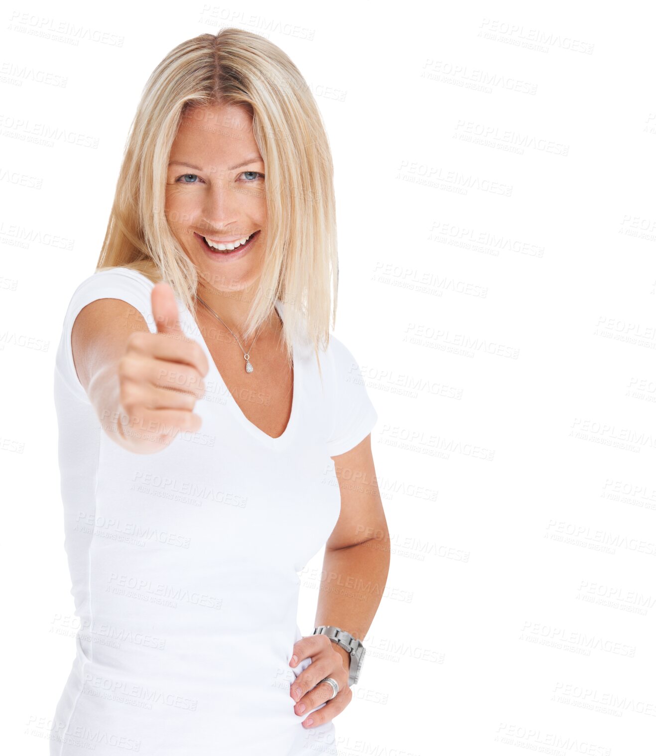 Buy stock photo Happy, thumbs up and smile portrait of a woman isolated on transparent png, background. Support, thank you and female person with hand sign or like emoji for yes, agreement or good review or feedback