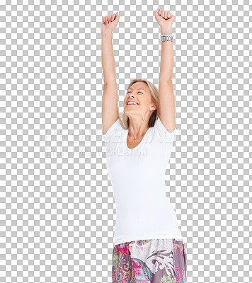 Buy stock photo Isolated woman, fist celebration and winner with success, prize or goals by transparent png background. Happy lady, celebrate winning and achievement with lottery, reward or contest with hands in air