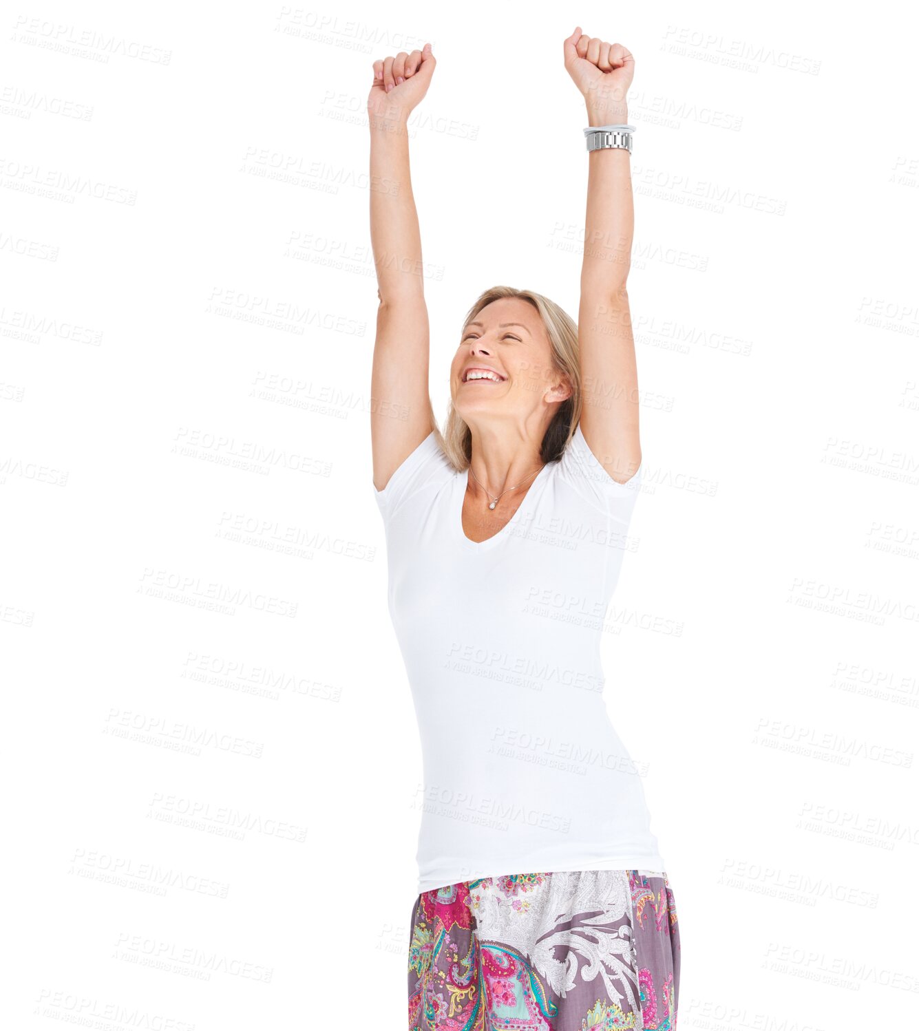 Buy stock photo Isolated woman, fist celebration and winner with success, prize or goals by transparent png background. Happy lady, celebrate winning and achievement with lottery, reward or contest with hands in air