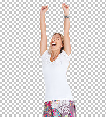 Buy stock photo Isolated woman, celebrate and winner with fist, success or prize for goal by transparent png background. Happy lady, celebration or achievement with lotto, reward or win competition with hands in air