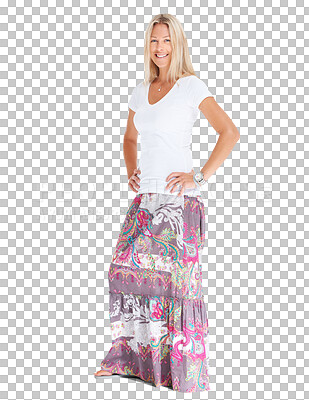 Buy stock photo Fashion, portrait of a woman happy and isolated against a transparent png background for clothing model. Confidence, elegance and young female person posing with a smile for hippie or gypsy clothes