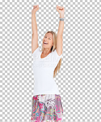 Buy stock photo Isolated woman, fist celebration and portrait for winner, prize or goals by transparent png background. Happy lady, celebrate winning and achievement with lottery, reward or contest with hands in air