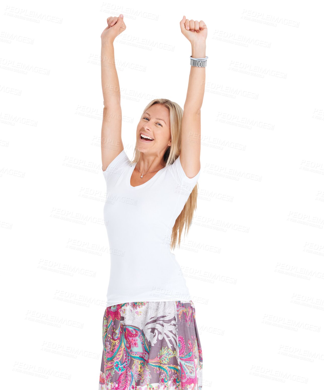 Buy stock photo Isolated woman, fist celebration and portrait for winner, prize or goals by transparent png background. Happy lady, celebrate winning and achievement with lottery, reward or contest with hands in air