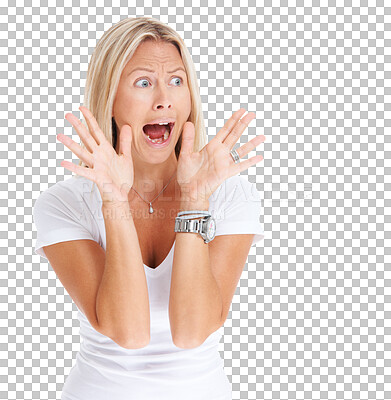 Buy stock photo Wow, surprise and scared with a shocked woman isolated on a transparent background in fear or terror. Problem, wtf and omg with a young surprised female person looking worried while screaming on PNG