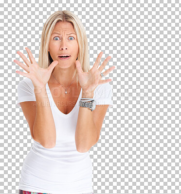 Buy stock photo Portrait, surprise and scared with a shocked woman isolated on a transparent background in fear or terror. Wow, wtf and omg with a young surprised female person looking worried while screaming on PNG