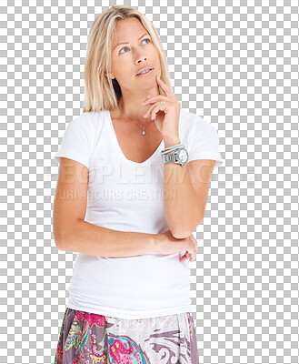 Buy stock photo Isolated woman, thinking or remember with idea, wonder or focus by transparent png background. Blonde lady, contemplative and memory with mindset, choice or decision for solution with hipster fashion